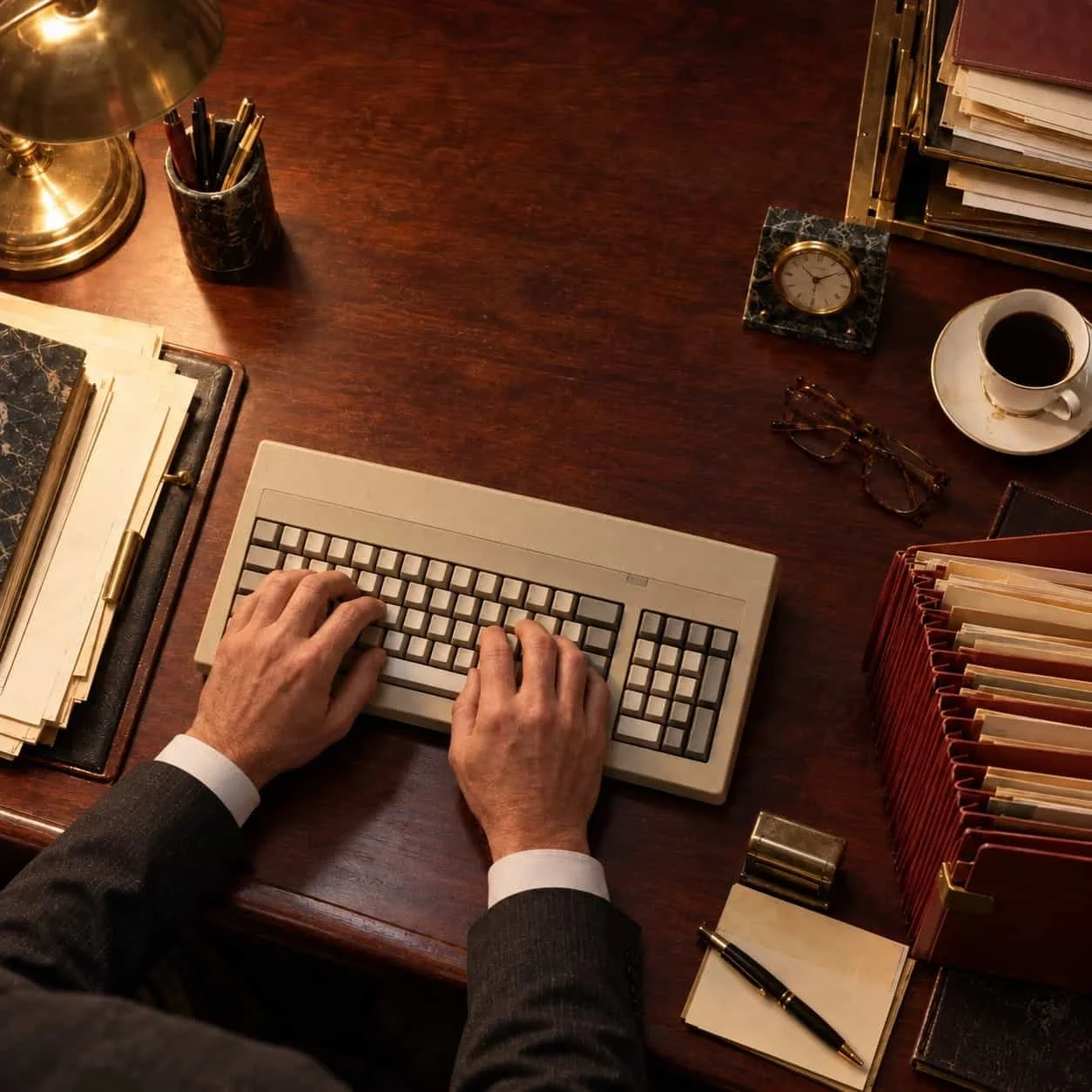 Overhead view of hands at a beige keyboard on a 1984 law office desk: Tocobaga marketing for law firms