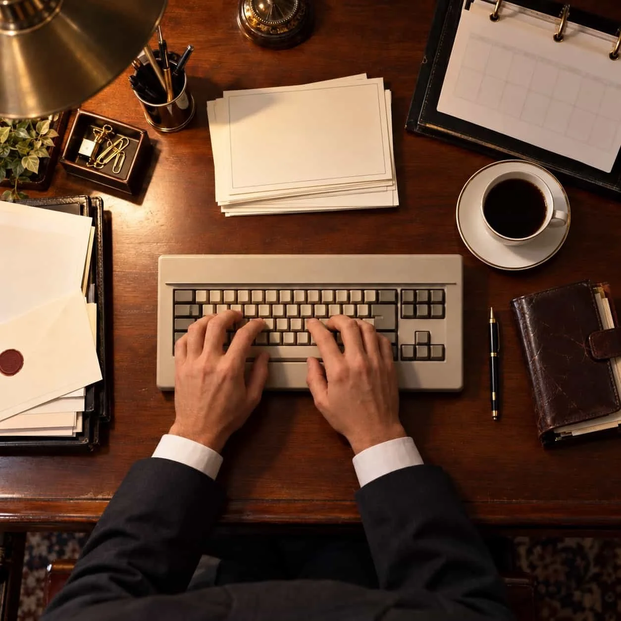 Overhead view of hands at a beige keyboard on a 1984 government-relations office desk: Tocobaga marketing for lobbying firms