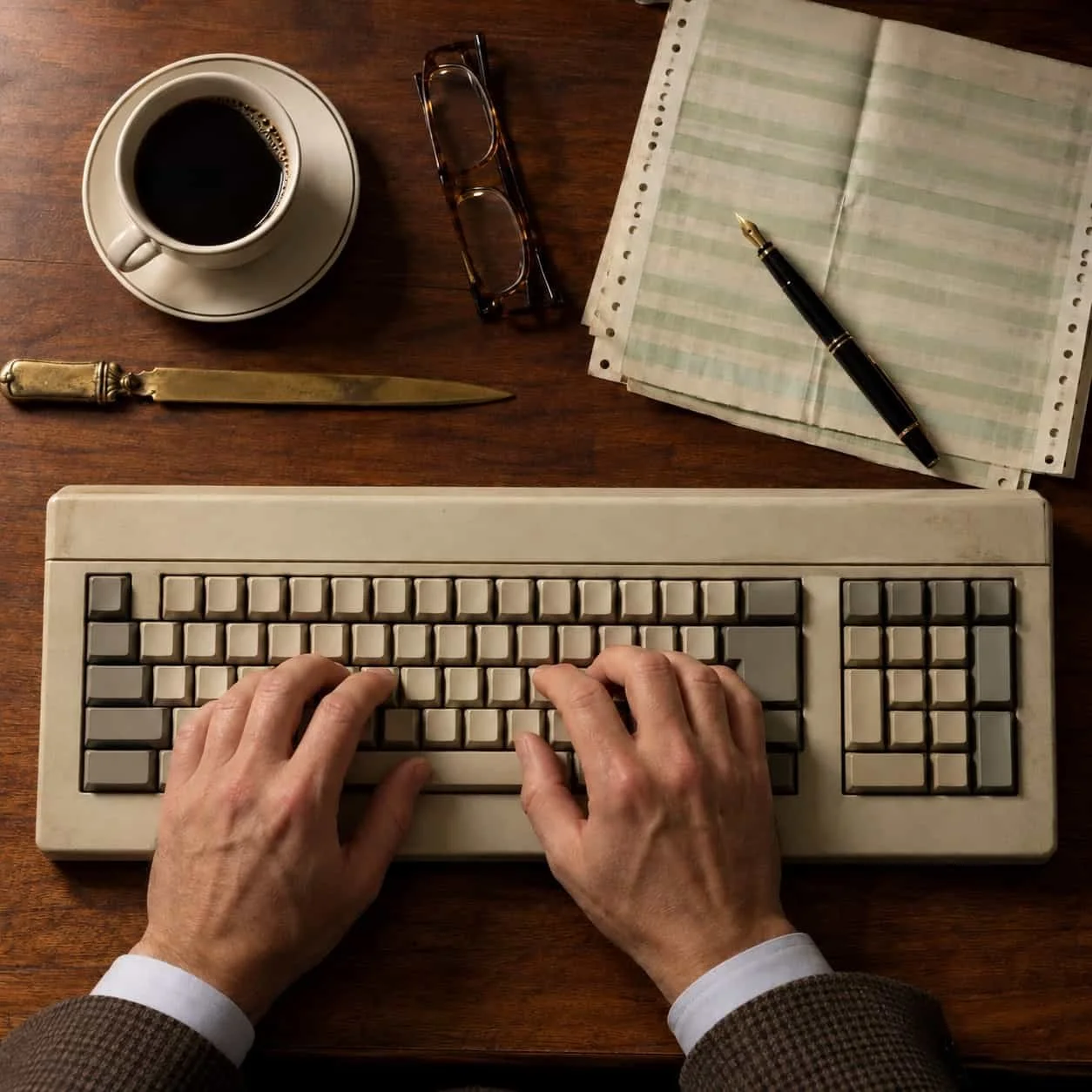Overhead view of hands at a beige keyboard on a 1984 deal desk: Tocobaga marketing for private equity firms