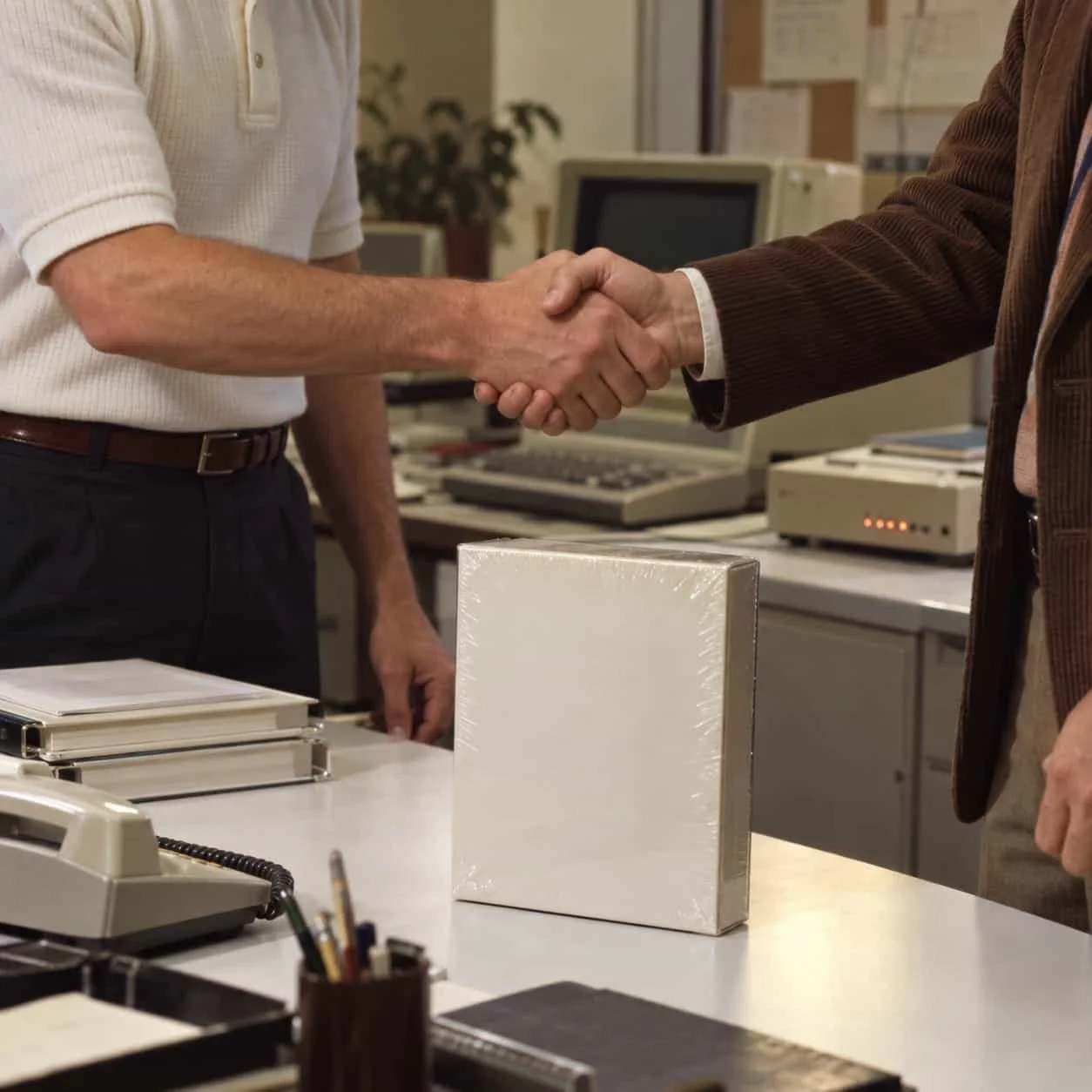 Two people shaking hands across a white laminate desk in a 1984 software startup office, framed chest-down: Tocobaga marketing for SaaS companies