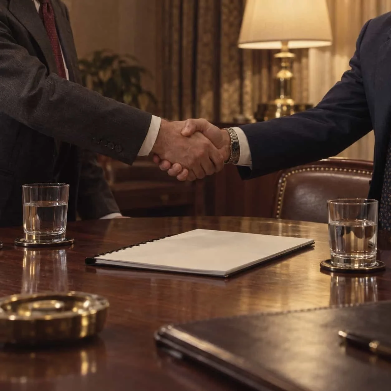 Two people shaking hands across a hotel conference table in 1984, framed chest-down: Tocobaga marketing for consulting firms
