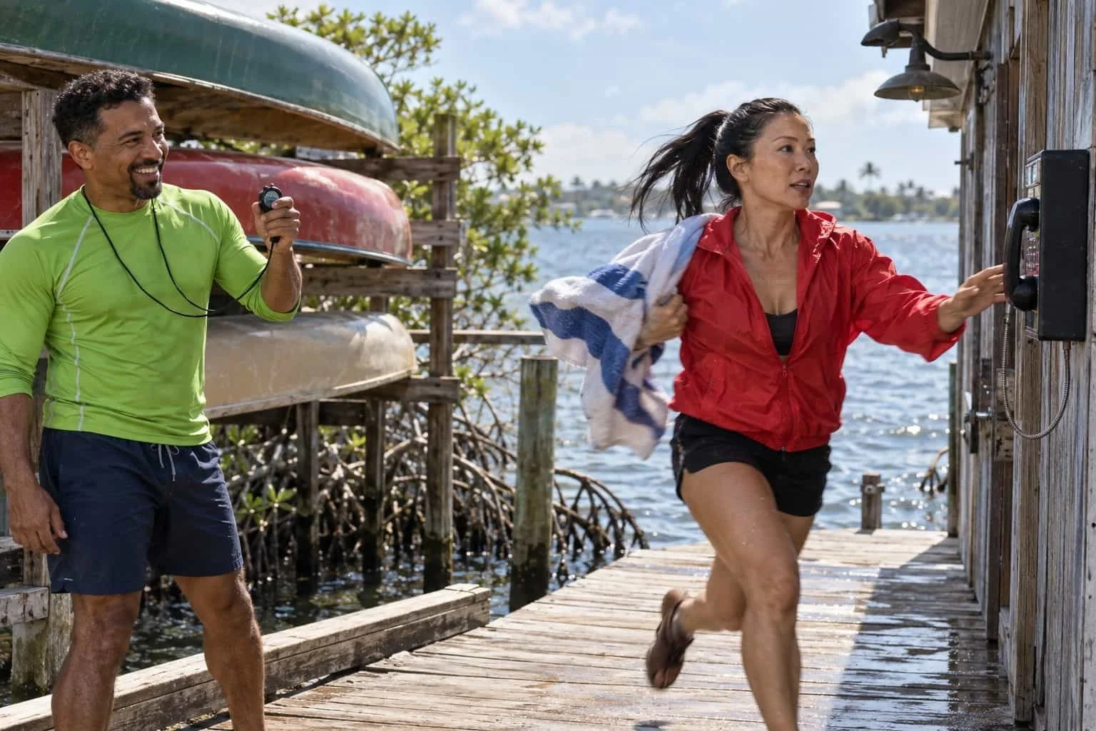 A woman sprints up a camp dock to answer a boathouse phone while a man by the canoe rack times her