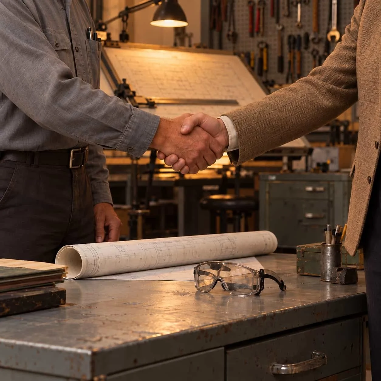 Two people shaking hands across a gray steel desk in a 1984 plant office, framed chest-down: Tocobaga marketing for manufacturers