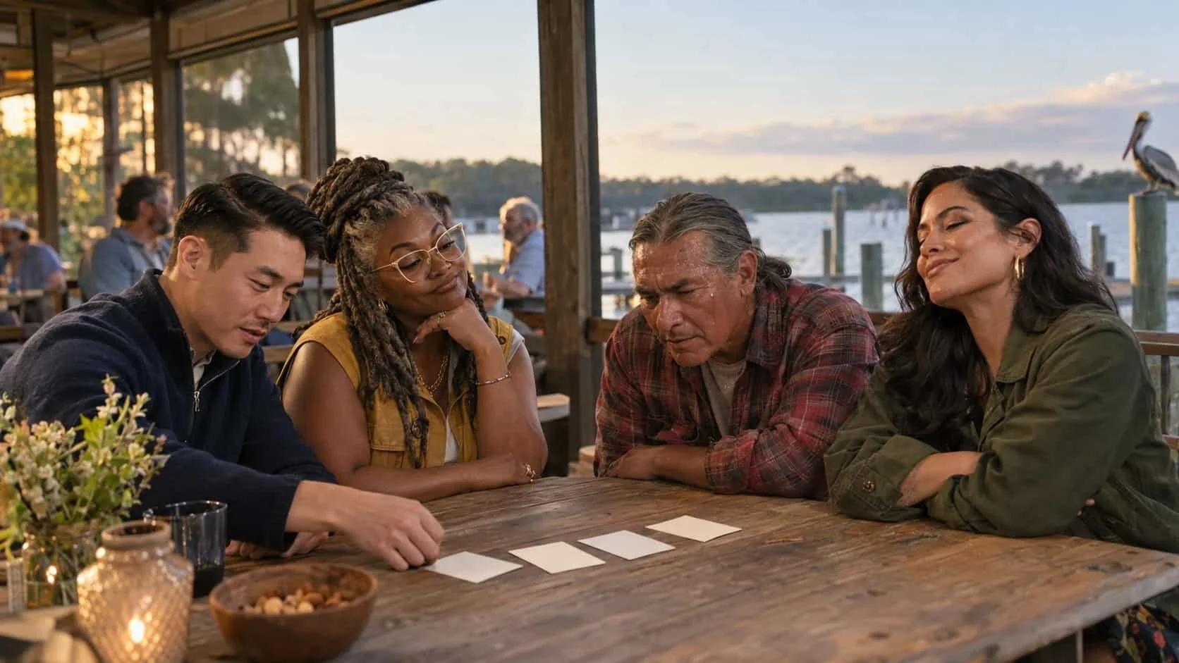 Four adult campers at a picnic table compare nearly identical blank off-white cards with mock-serious envy.