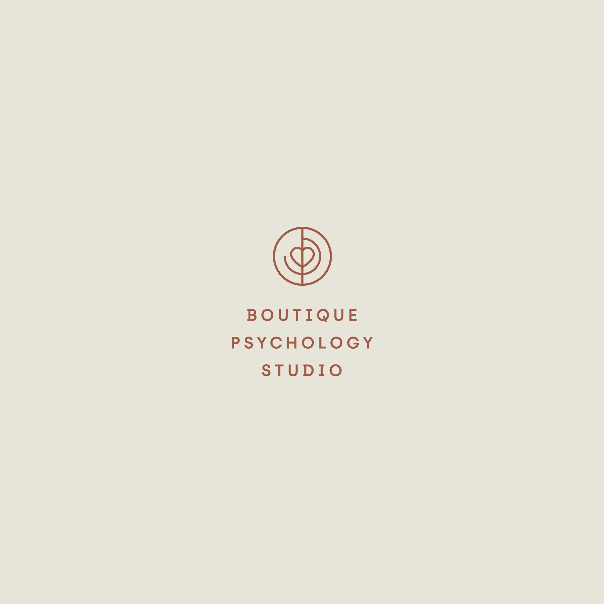 Logo for a Boutique Psychology Studio, featuring a minimalist line drawing with a heart and concentric circles, on a beige background.