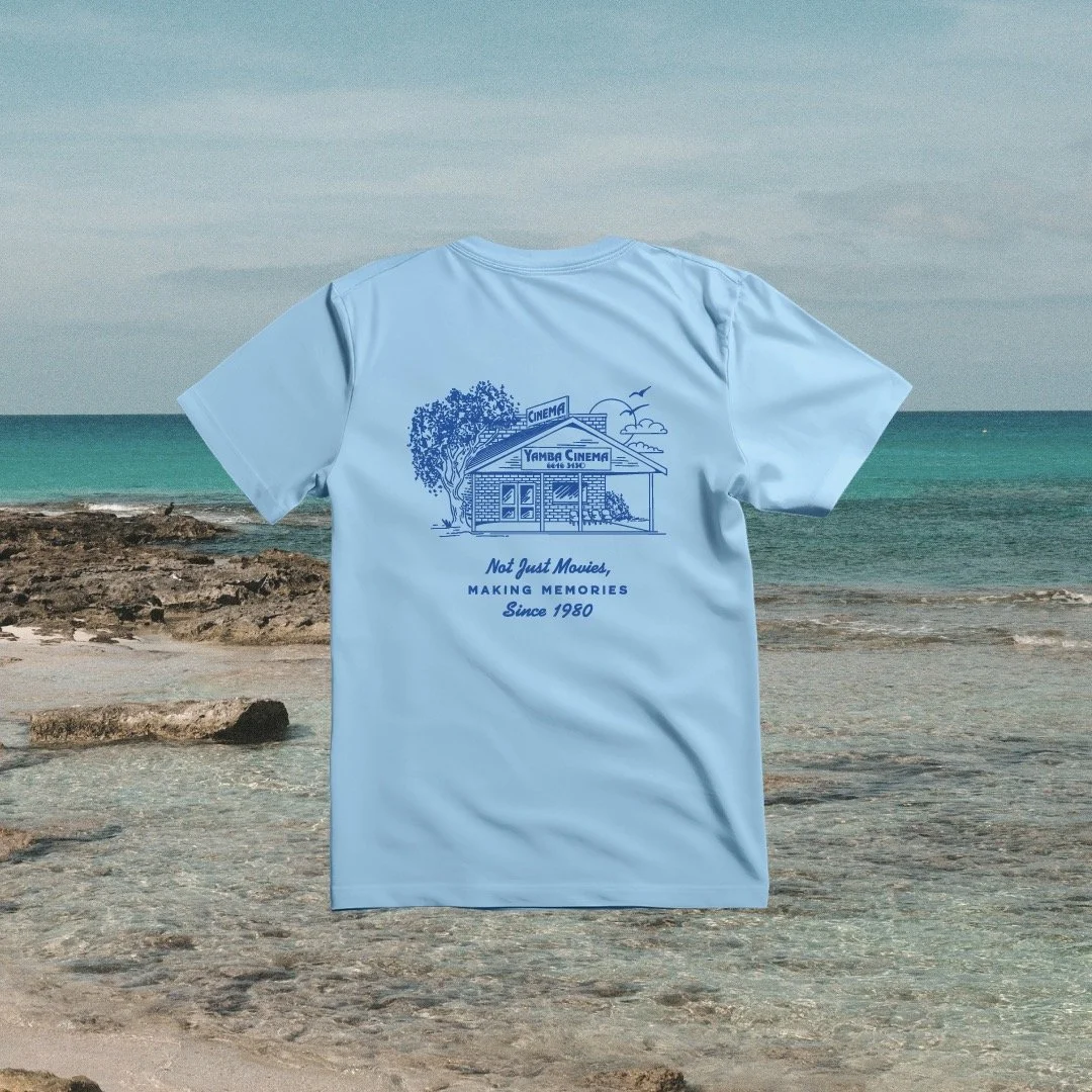 Right from the start, the Yamba Cinema brand was shaped with merch in mind. The cinema has always been a place people go to make memories, from summer holidays to rainy-day matinees, so the identity needed to translate effortlessly into the kind of p