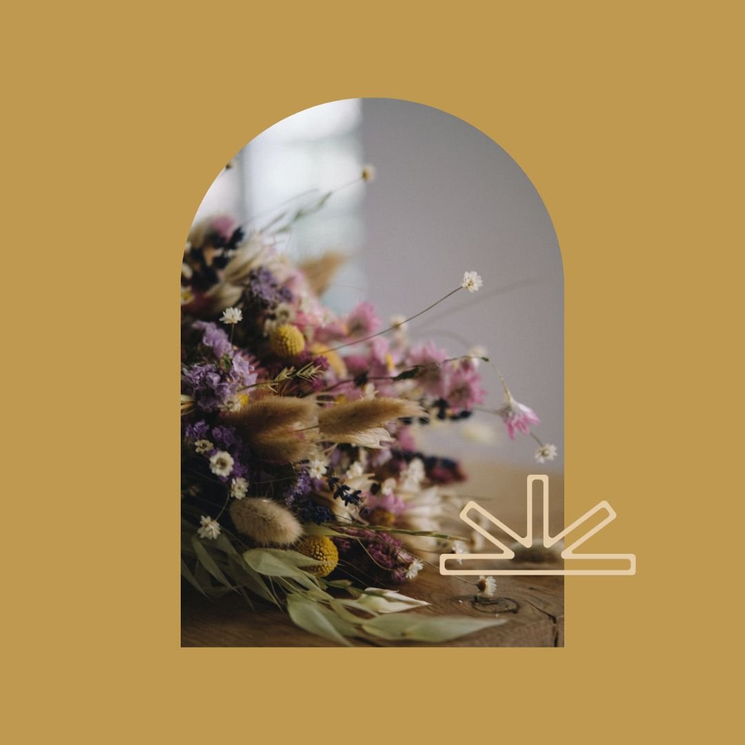Social media graphic with an arch shape showing flowers