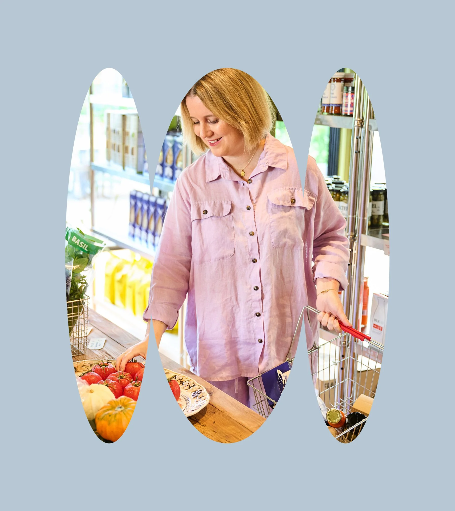 Photo of nutritionist, withing a custom brand shape against a blue background.