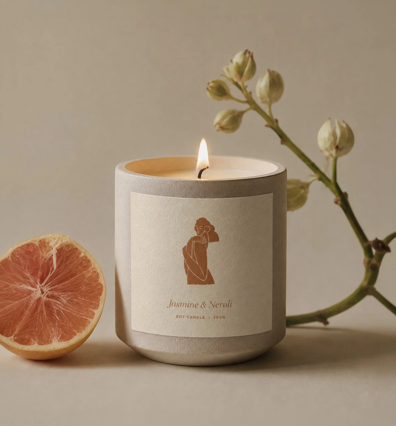 Candle label design mocked up on a white soy candle.