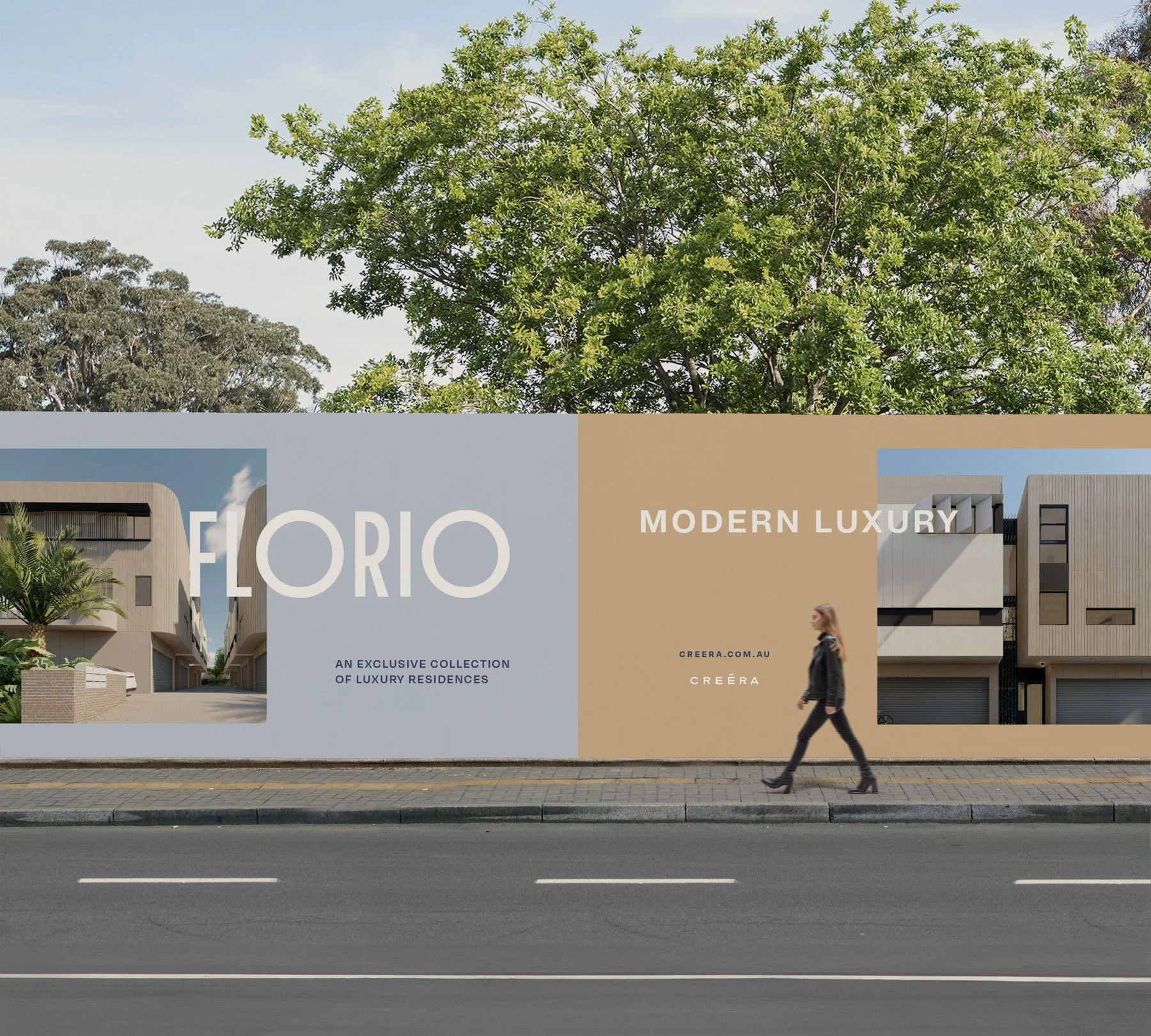Boutique residential property branding shown on roadside hoarding.