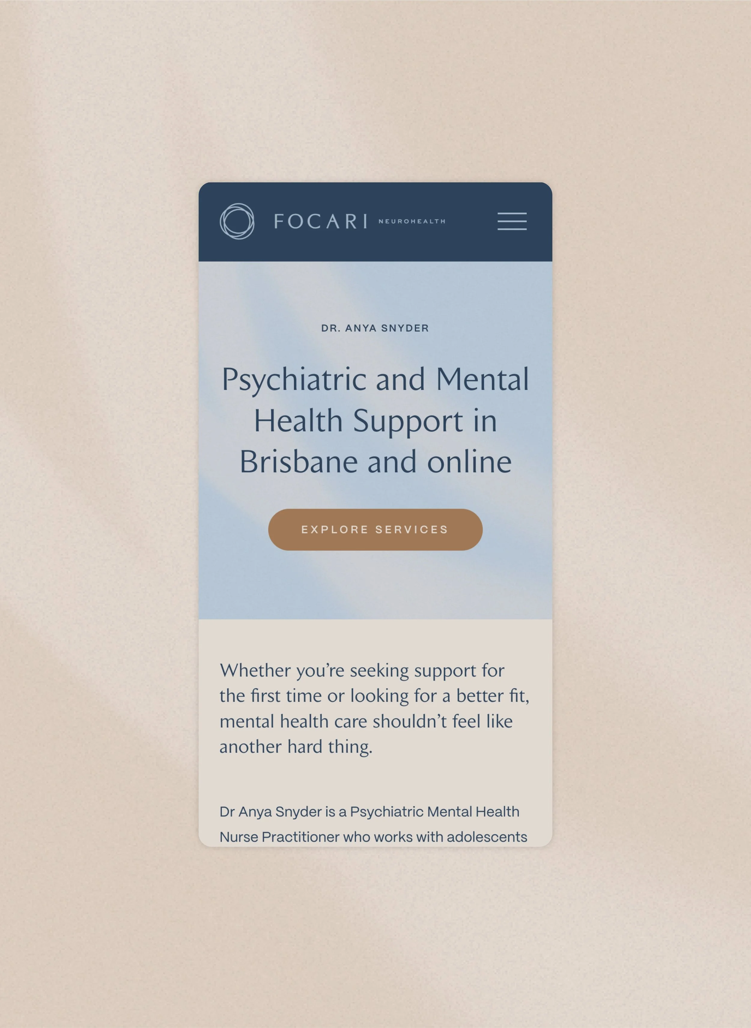 Mockup of a mobile view of a psychiatrist website.
