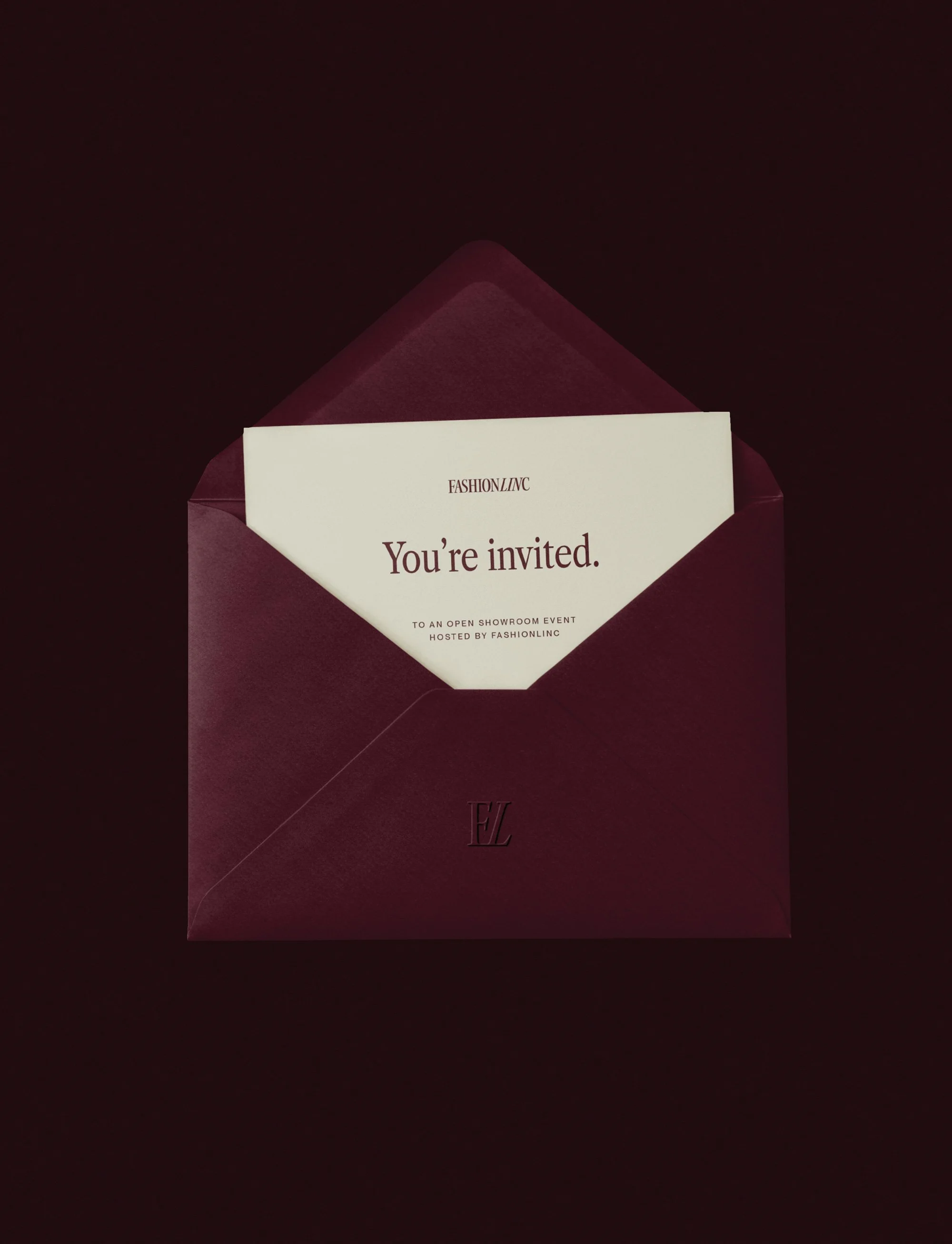 A fashion event invitation design reading 'You're invited' inside a maroon envelope on a dark background.