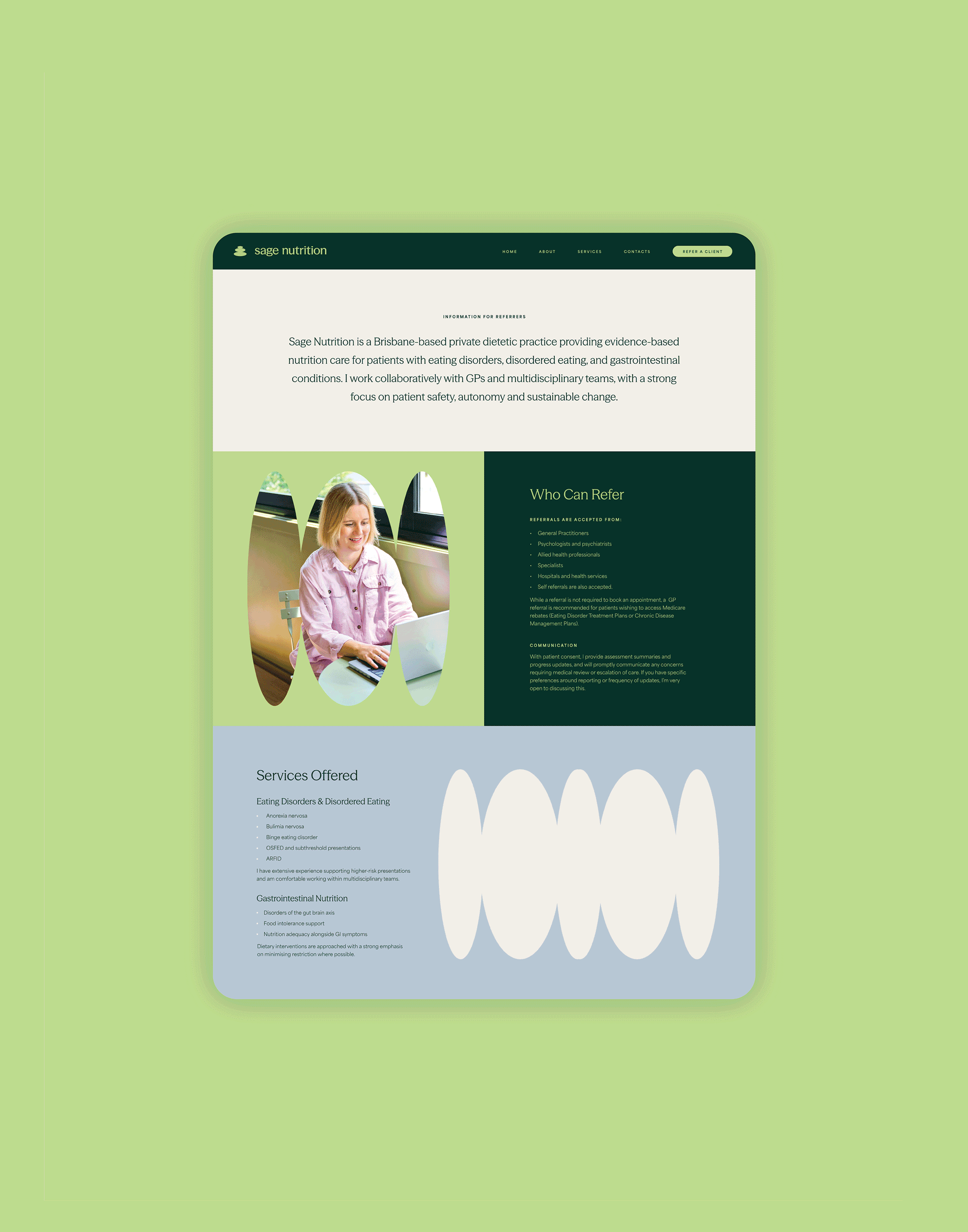 Animation of pages for a service based business website for a nutritionist.