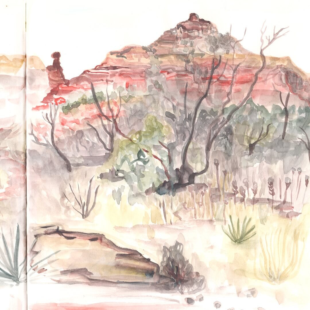 Onsite painting from Palo Duro birthday adventure. I wanted to go back and do some additional work on this but maybe I like it just as it is. 
.
.
.
#uskdfw #urbansketchers #usk #drawingonlocation #sketchbook #traveldrawing #texas #texashiking #lands