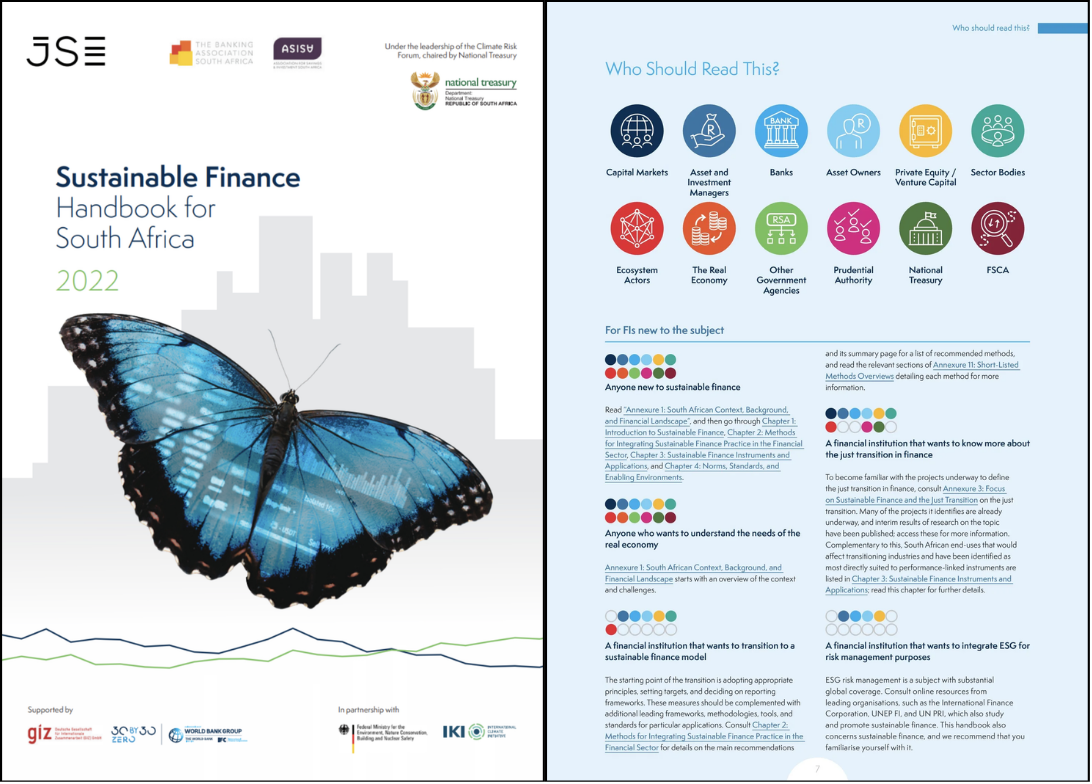 Cover page of the 2022 South Africa Sustainable Finance Handbook with a blue butterfly, logo of the World Bank Group's "30 by 30 zero" initiative.
