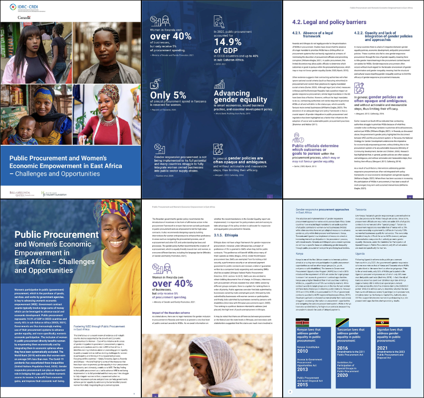 Collage of four pages from a report titled 'Public Procurement and Women's Economic Empowerment in East Africa - Challenges and Opportunities.' The pages include statistics, text discussing gender policies, legal barriers, and case studies from countries like Rwanda, Ethiopia, Kenya, Tanzania, and Uganda, with images of women from East Africa.