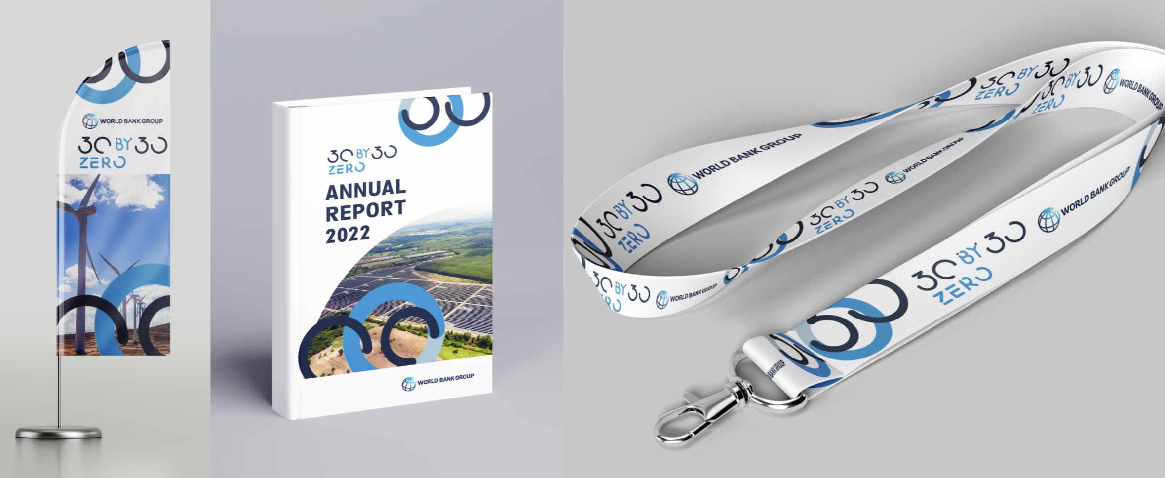 Mockups of design elements for the World Bank Group's "30 by 30 zero" initiative.