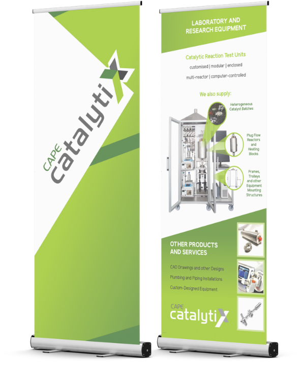 Two green and white portable banners for Cape Catatlytix, showcasing laboratory and research equipment, including catalytic reaction test units, reactors, heating blocks, frames, trailers, and other specialized products and services.