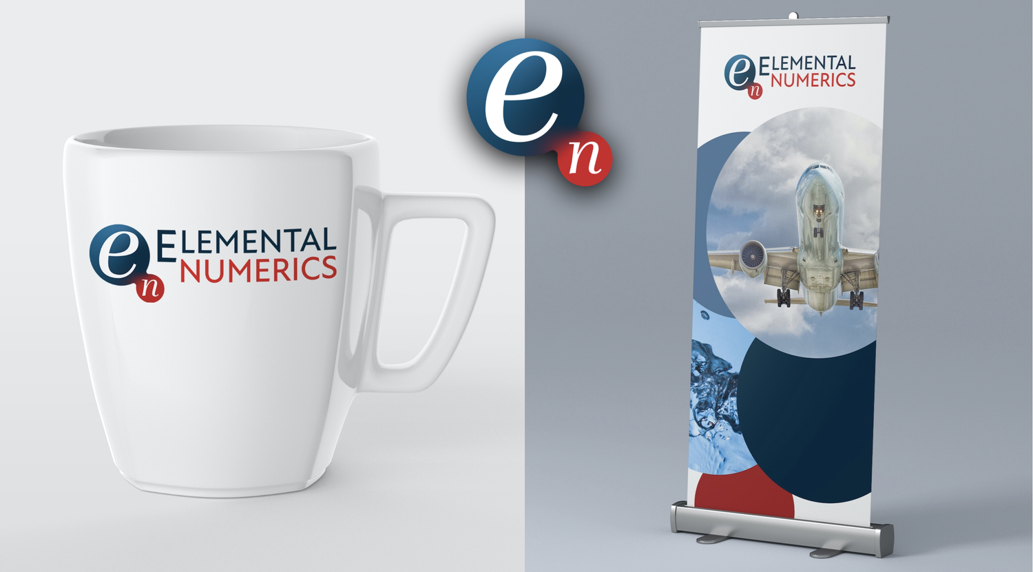 A white mug with the logo of Elemental Numerics and a vertical banner displaying the same logo and an image of an airplane.