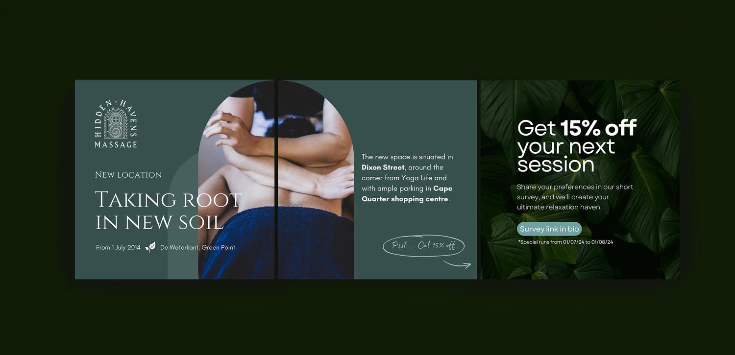 A promotional digital graphic for a massage spa featuring a person receiving a massage, with text about a new location, discount offer, and survey link on a leafy green background.