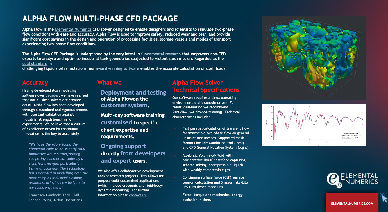Information sheet about Alpha Flow Multi-Phase CFD for Elemental Numerics.