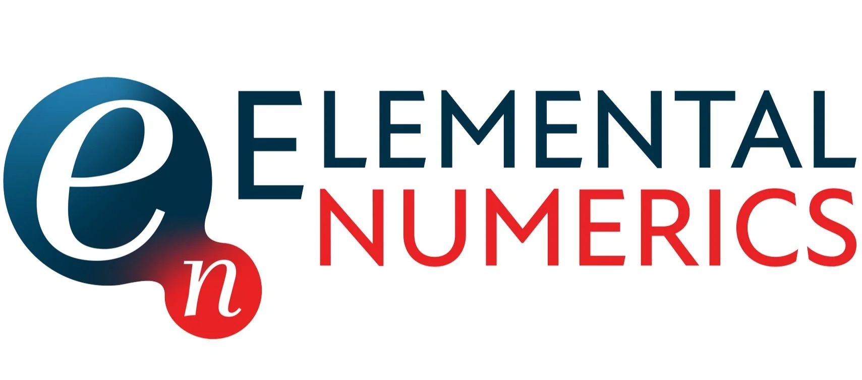 Logo for Elemental Numerics featuring a large blue 'e' with a red circle containing a white 'n', and the words 'ELEMENTAL NUMERICS' in blue and red text.
