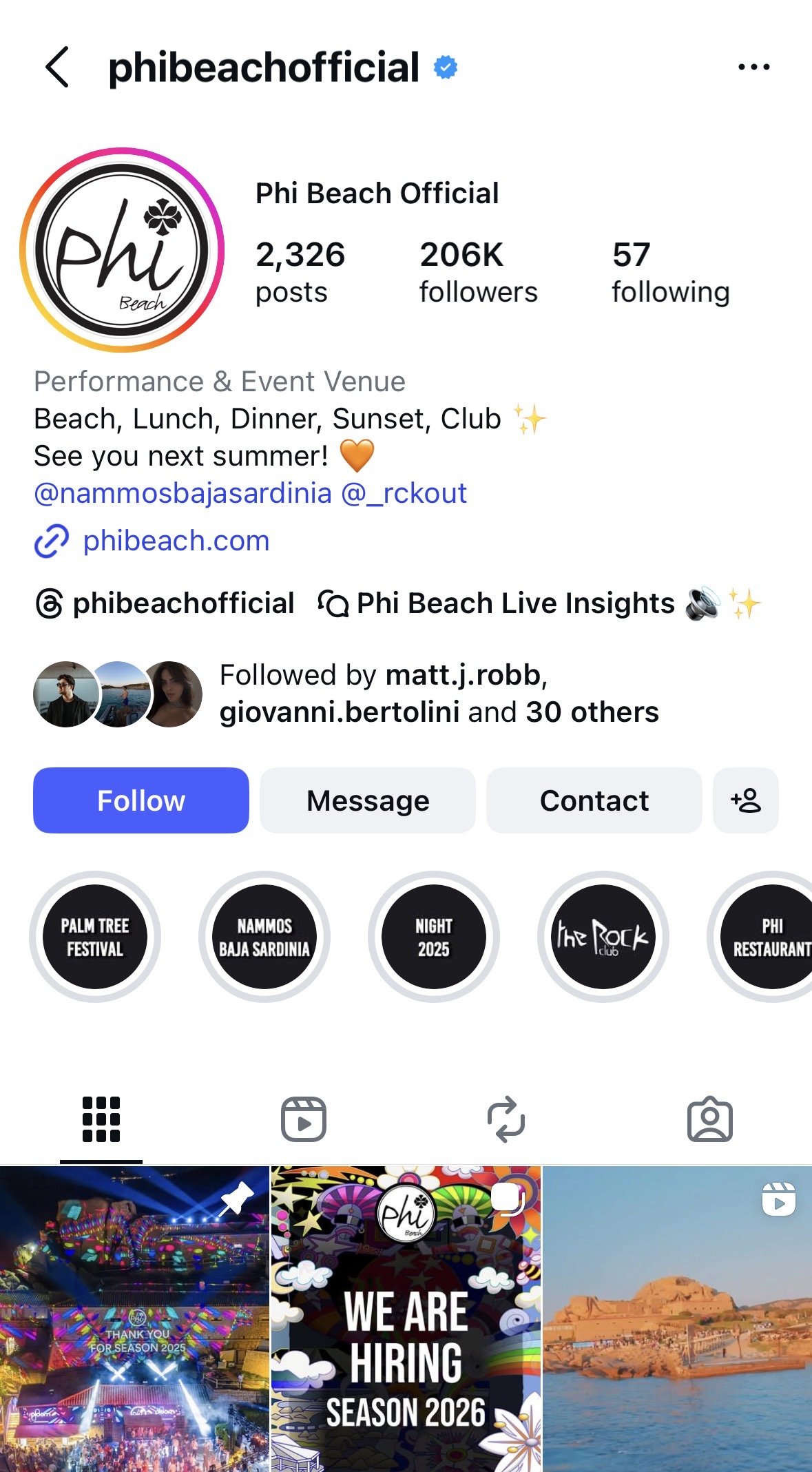 Instagram profile page for Phi Beach Official, a performance and event venue, displaying social media stats, a link to their website, and highlights of events like Palm Tree Festival, Nammos Baja Sardinia, and season 2025 night parties.