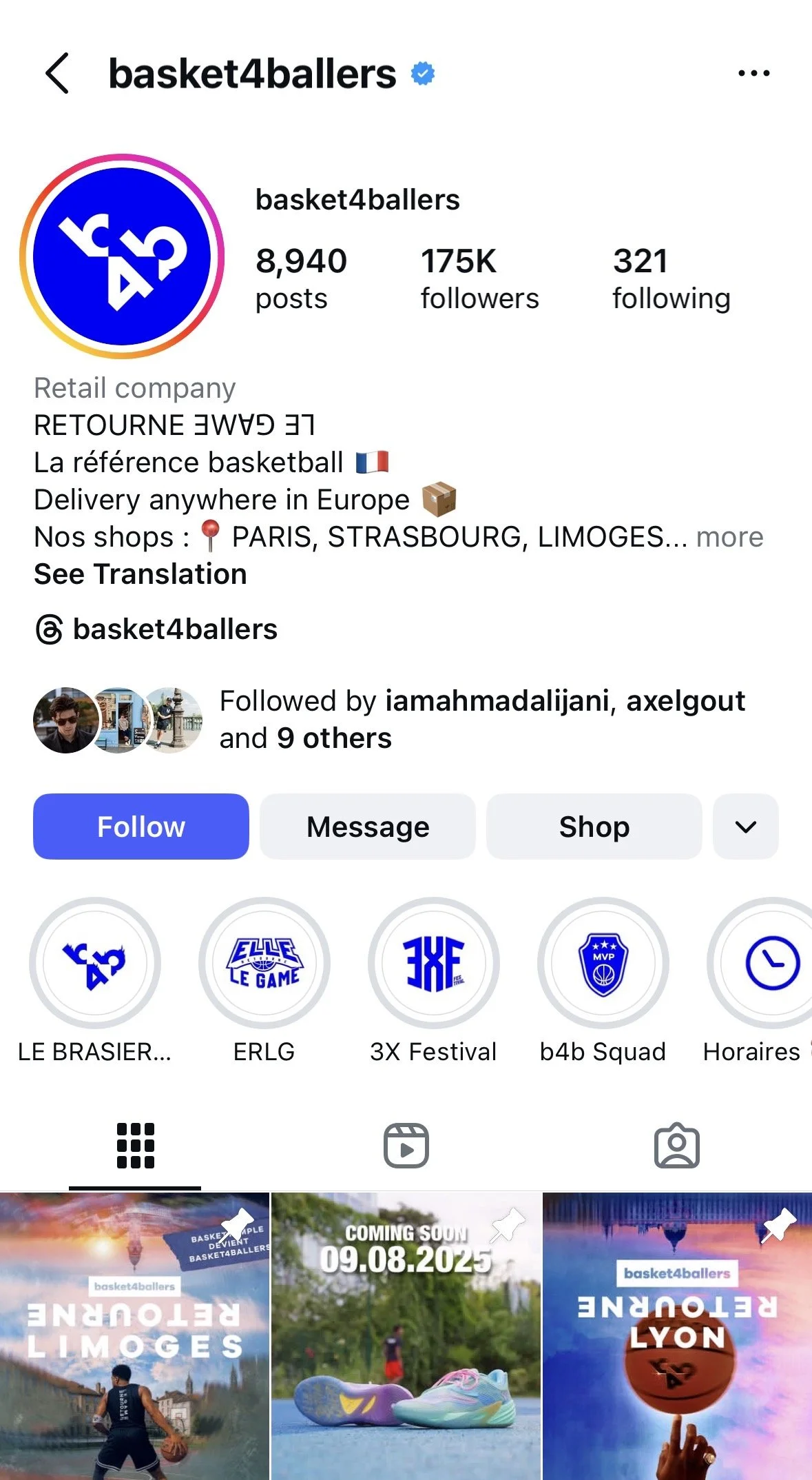 Instagram profile of basket4ballers with logo, follower count, description, and videos or posts previews.