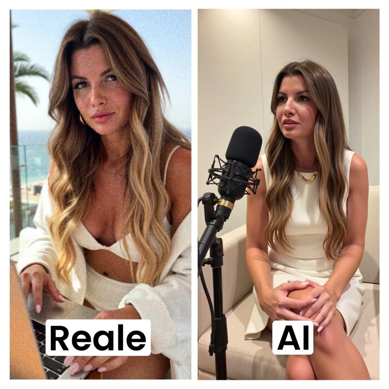 Immagine divisa in due parti, a sinistra una donna con lunghi capelli castani e pelle chiara, che indossa un abito bianco con spalline sottili, seduta con uno sfondo di mare e palmizi. A destra una donna simile, con capelli ondulati castani, che indo