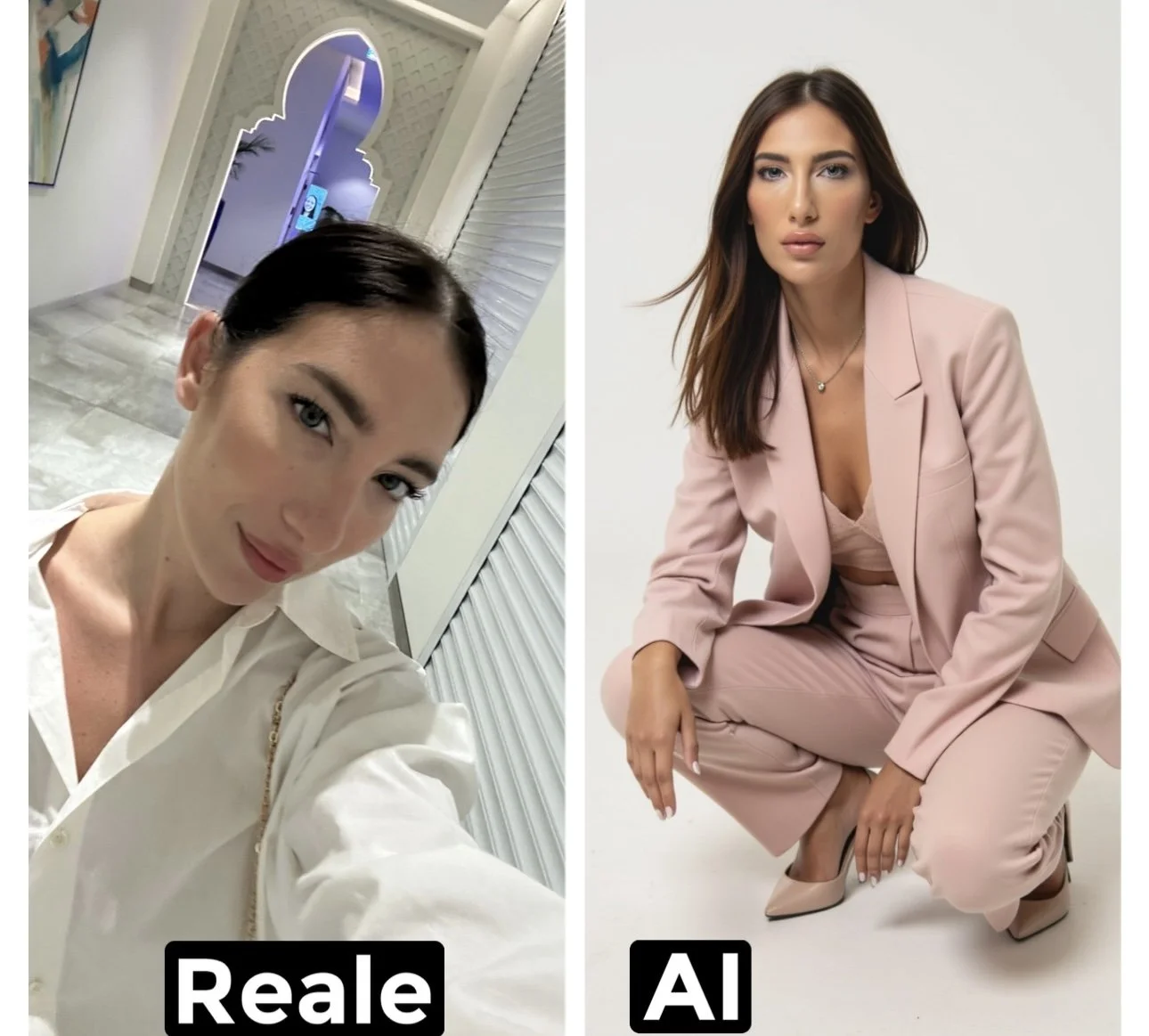 Confronto tra una foto reale di una donna in abito bianco in un ambiente pubblicitario e una immagine generata dall'intelligenza artificiale di una donna in un completo rosa in posa con sfondo bianco.