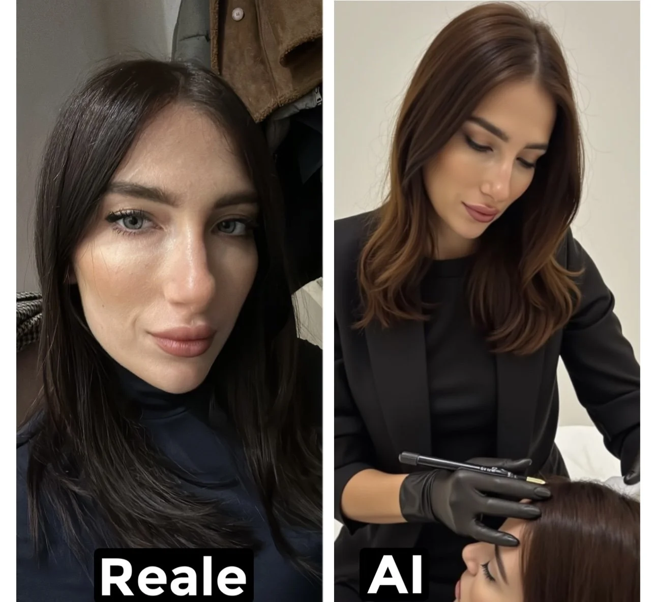 Immagine divisa in due parti: a sinistra, una donna con capelli castani e occhi azzurri, con una pelle chiara, etichettata come 'Reale'; a destra, la stessa donna durante un trattamento estetico, con capelli castani e occhi chiari, indossa guanti ner