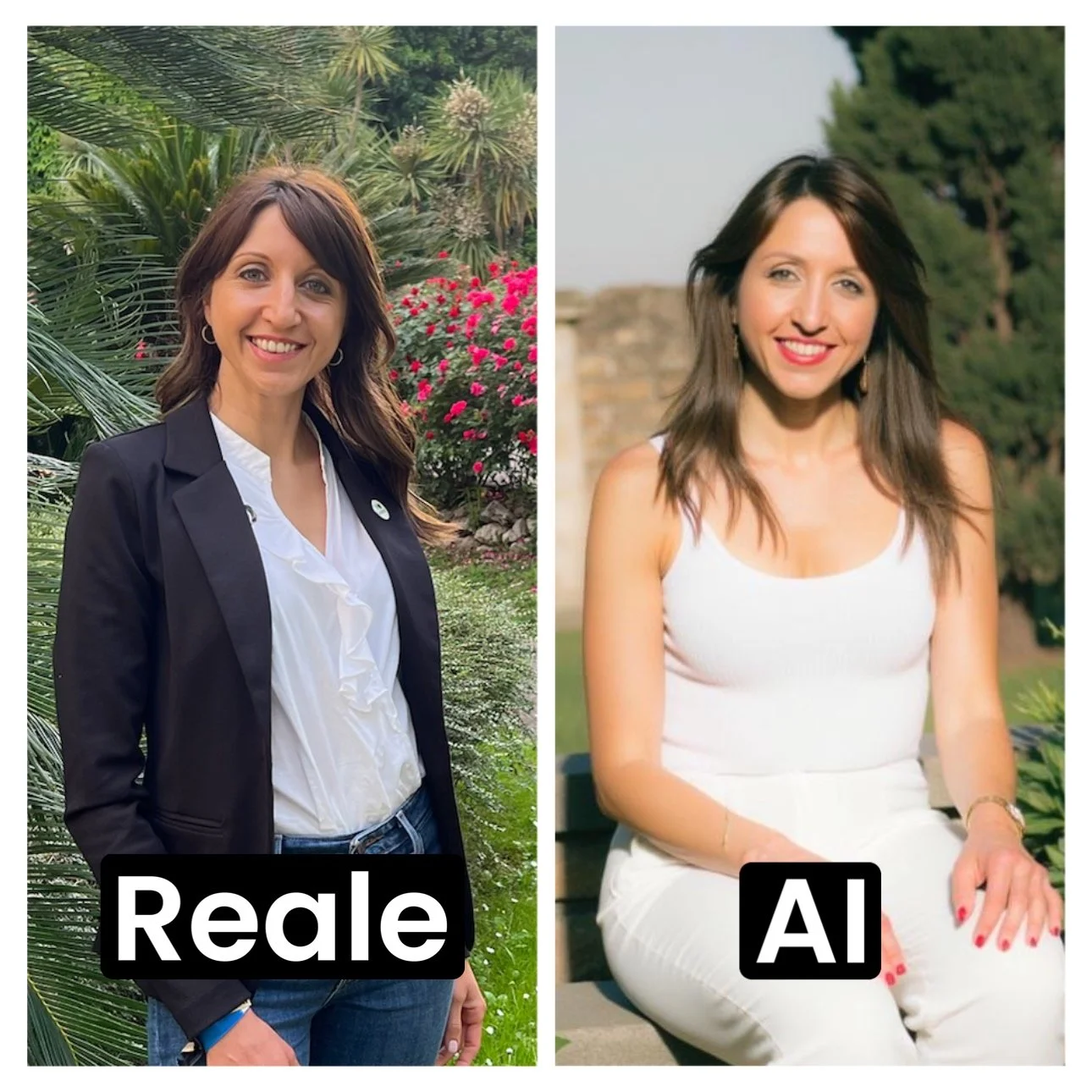 Immagine divisa in due parti: a sinistra una donna con abiti formali in un ambiente esterno con piante e fiori, labeled "Reale"; a destra una donna con abbigliamento casual bianco, seduta all'aperto, labeled "AI".