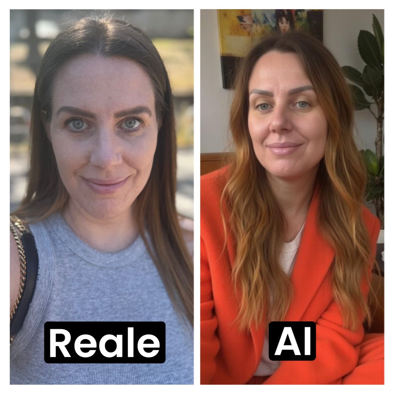 Due foto a confronto di una donna. La prima etichettata 'Reale' mostra una donna con capelli castano chiaro, pelle chiara, occhi azzurri, vestita con una maglietta grigia. La seconda etichettata 'AI' mostra la stessa donna con caratteristiche simili,