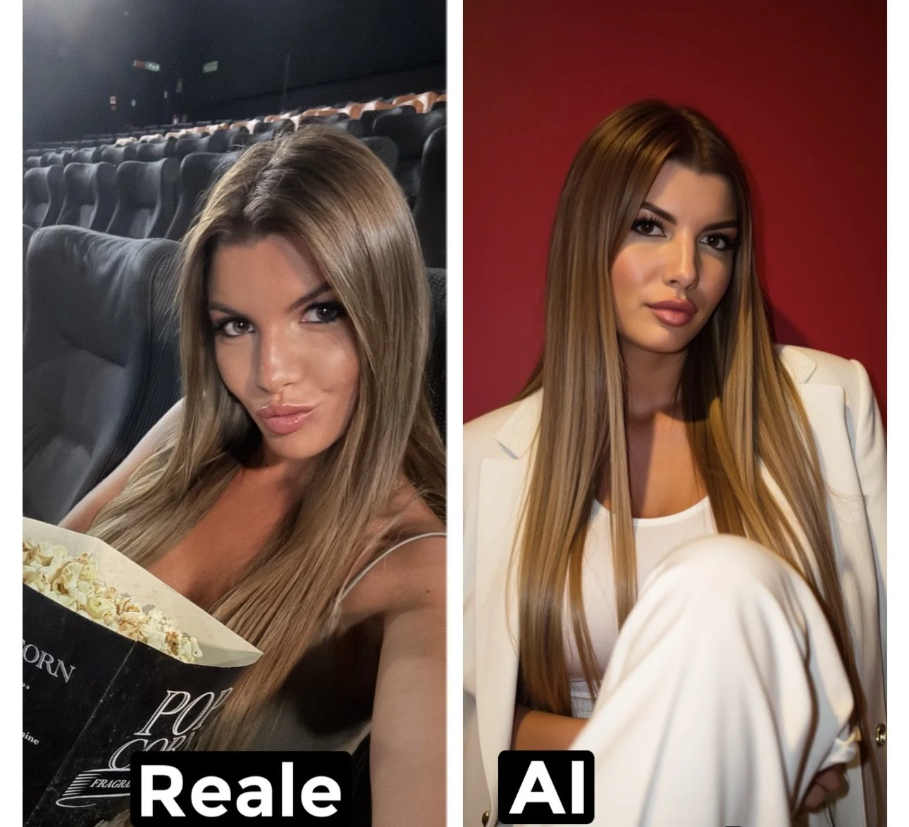 Immagine divisa in due parti con una donna con lunghi capelli castani. La parte sinistra mostra una foto reale di lei al cinema con ciak e popcorn; la parte destra è una versione generata dall'intelligenza artificiale con uno sfondo rosso, la stessa