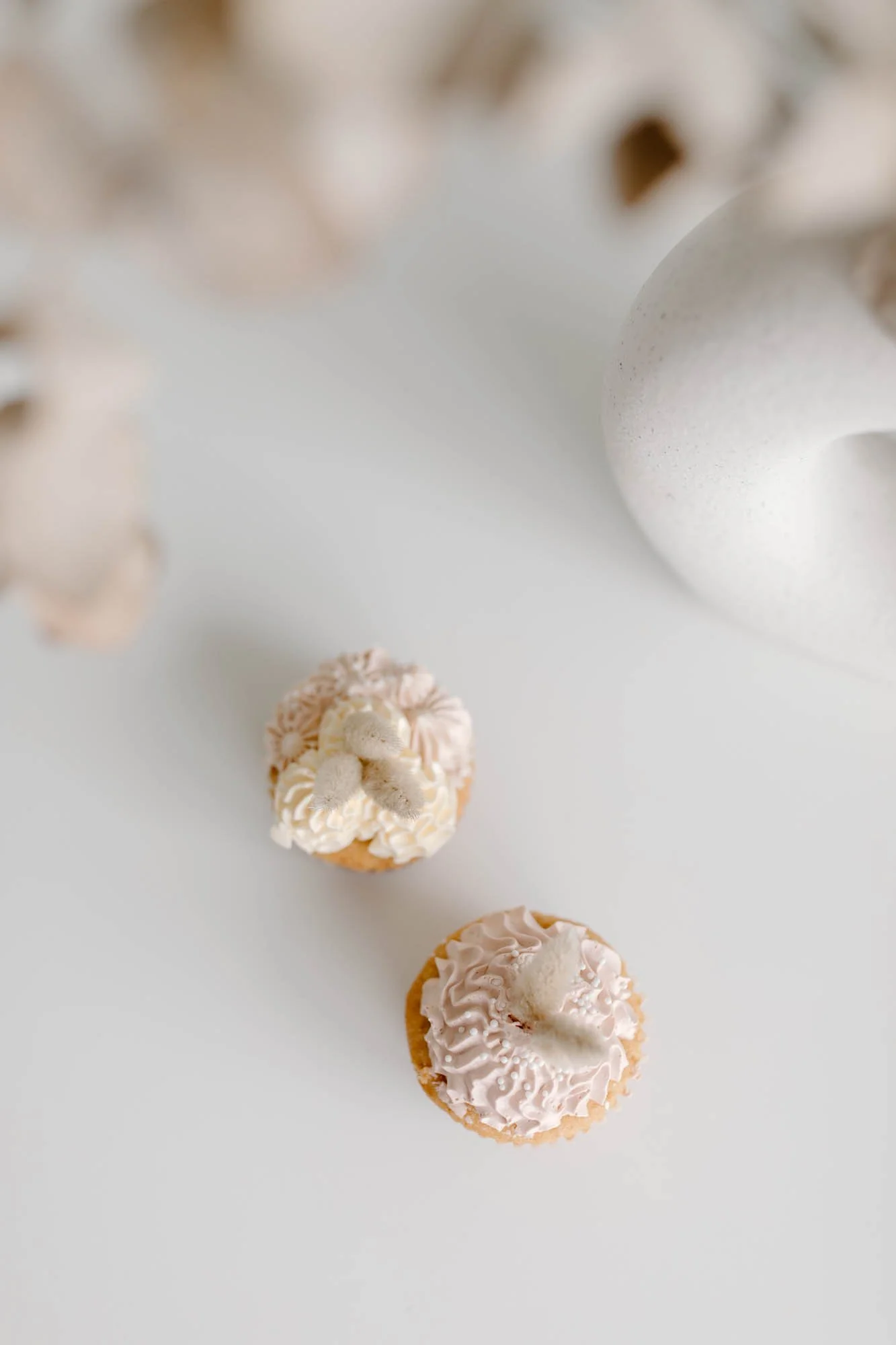 Two cupcakes with pink and white frosting and white decorations on a white surface.