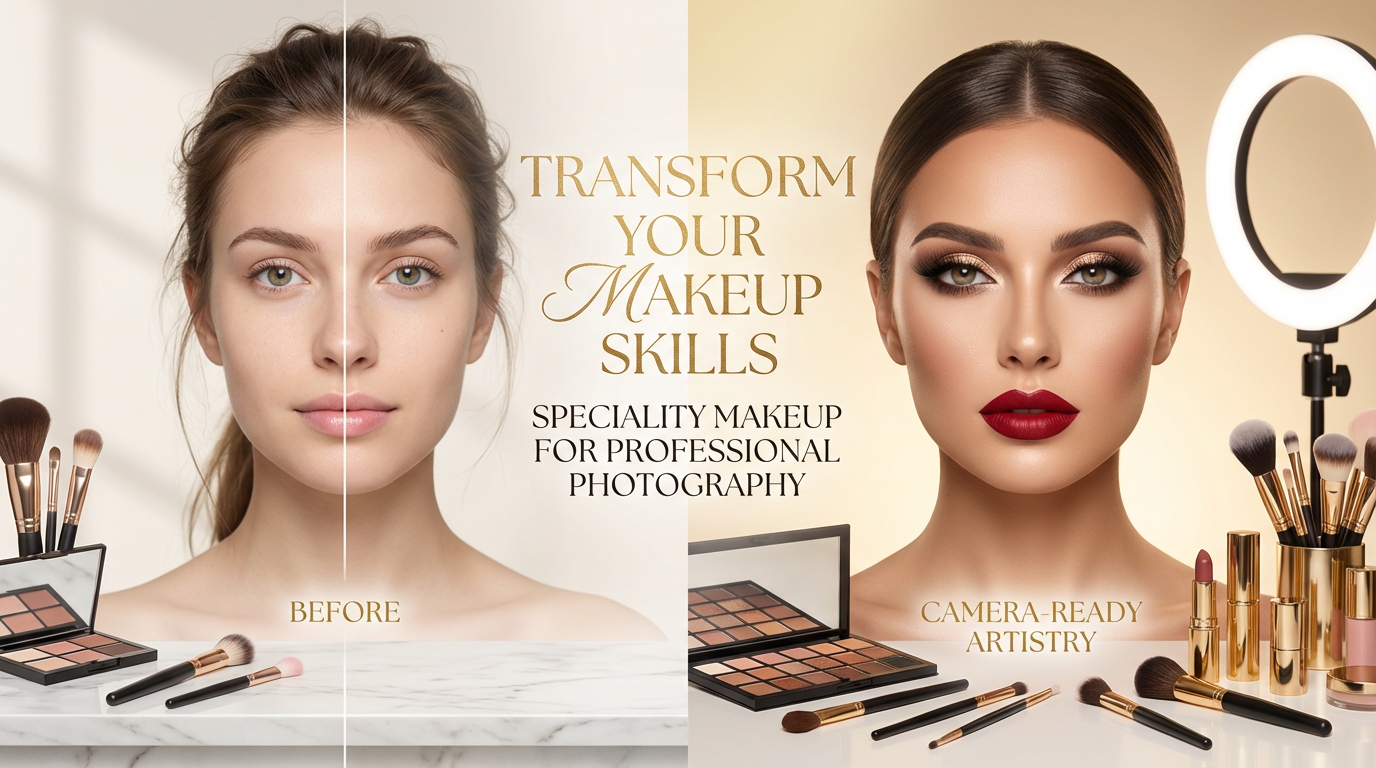 Side-by-side comparison of a woman before and after applying makeup, with makeup tools in front, promoting professional makeup skills and artistry.