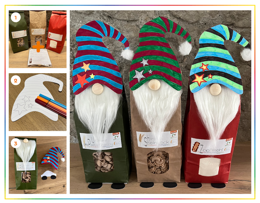 Drei dekorierte Sankt-Nikolausfiguren aus Mehl- und Pasta-Verpackungen, mit bunten, gestreiften Mützen, weißen Bärten und kleinen schwarzen Schuhen