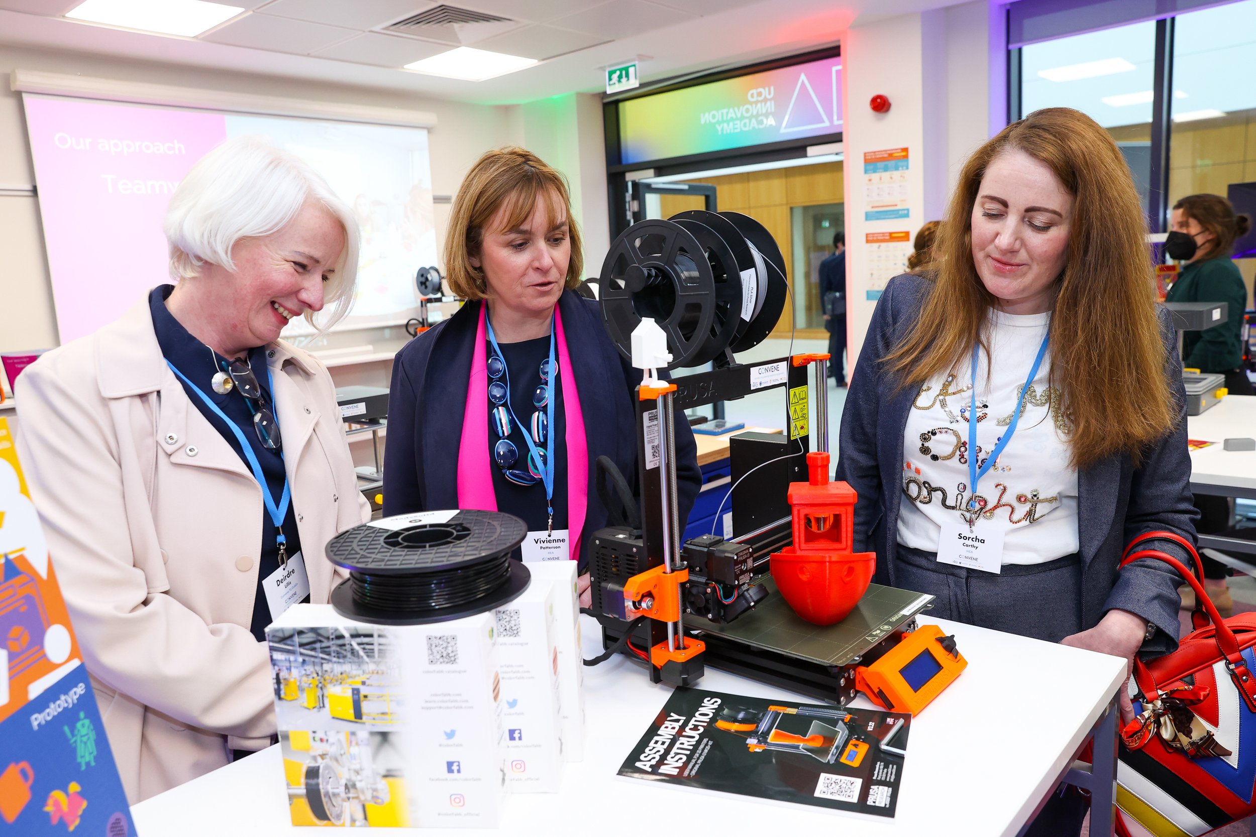  Dr Deirdre Lillis, TU Dublin; Dr Vivienne Patterson, HEA and Sorcha Carthy, HEA in UCD Innovation Academy’s Convene MakerSpace where multidisciplinary groups of students learn future skills. 