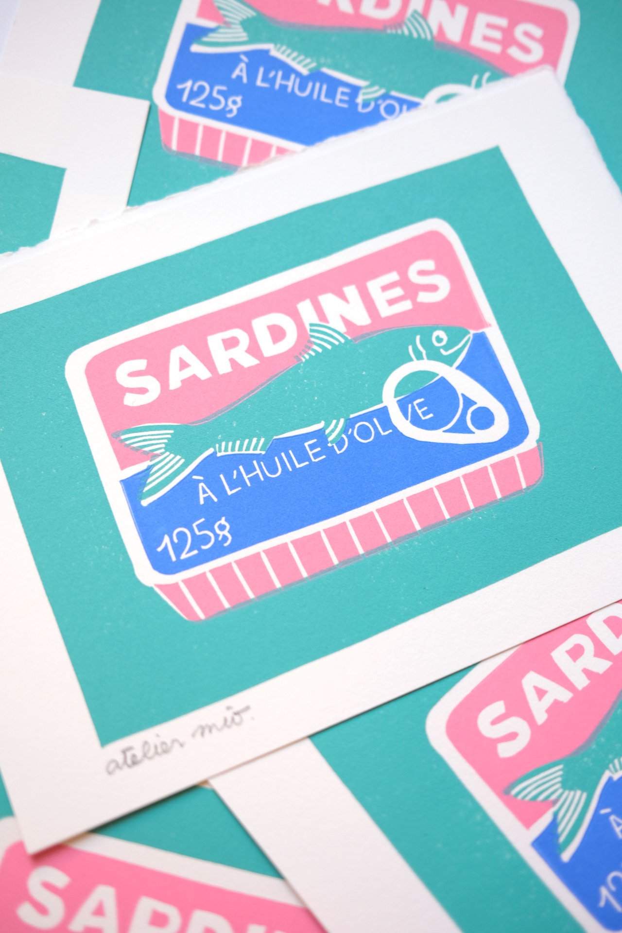 Sardines à l'huile • Linogravure 3 couleurs format A5