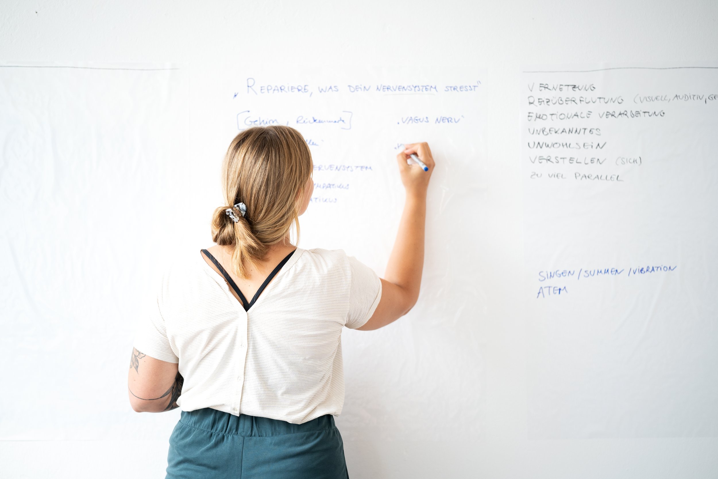 Frau schreibt Notizen auf ein Whiteboard während eines Coaching Workshops.