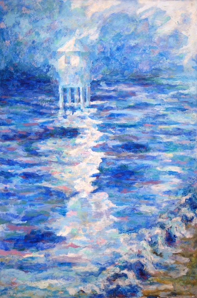 Lighthouse in mist. 6x4ft Encaustic on Canvas
I run a lot in the early morning up the beach and when i moved away i missed it and did this memory.