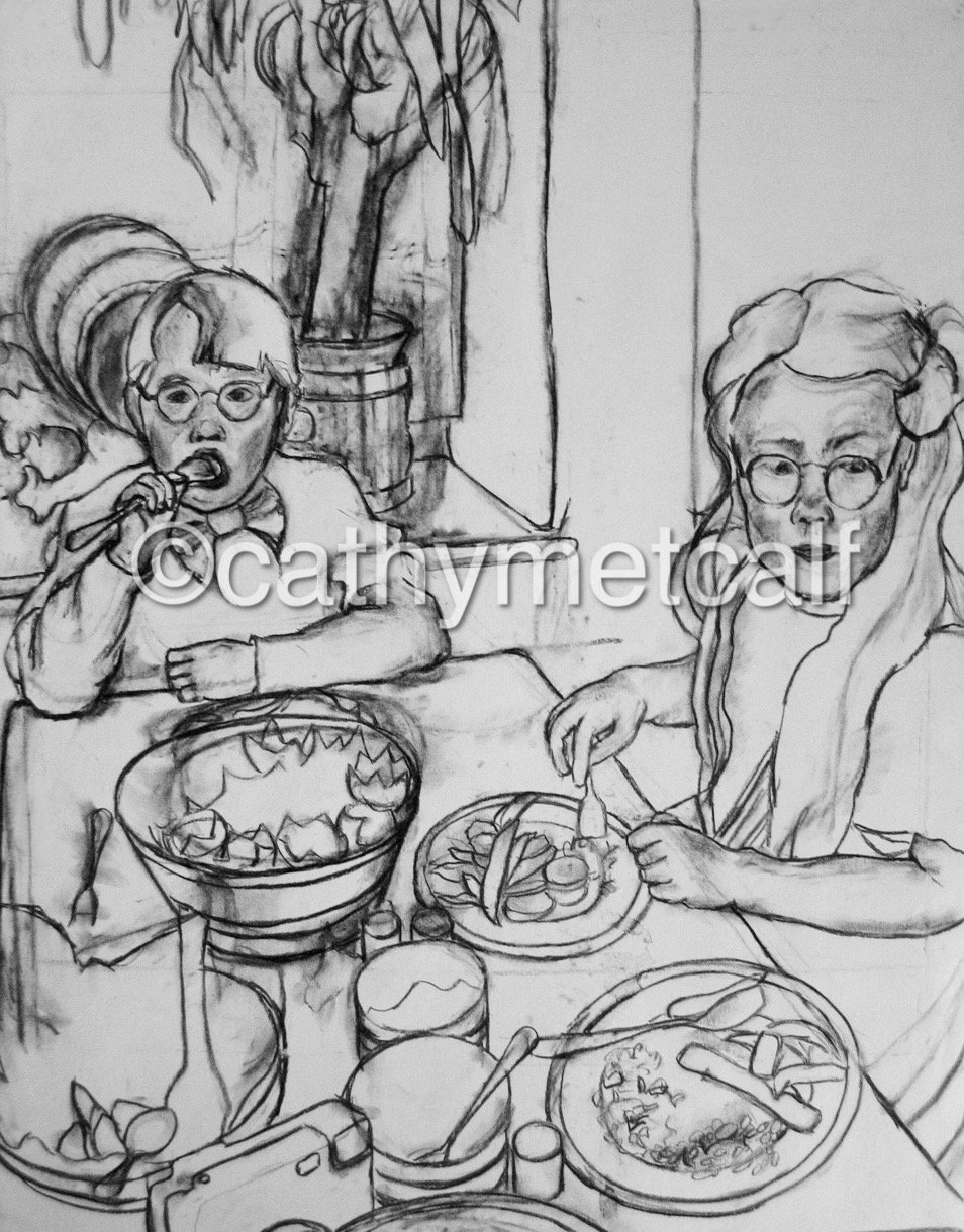 Alex and Caroline Christening Supper Clovelly- Conte on Rag Paper 610x915mm