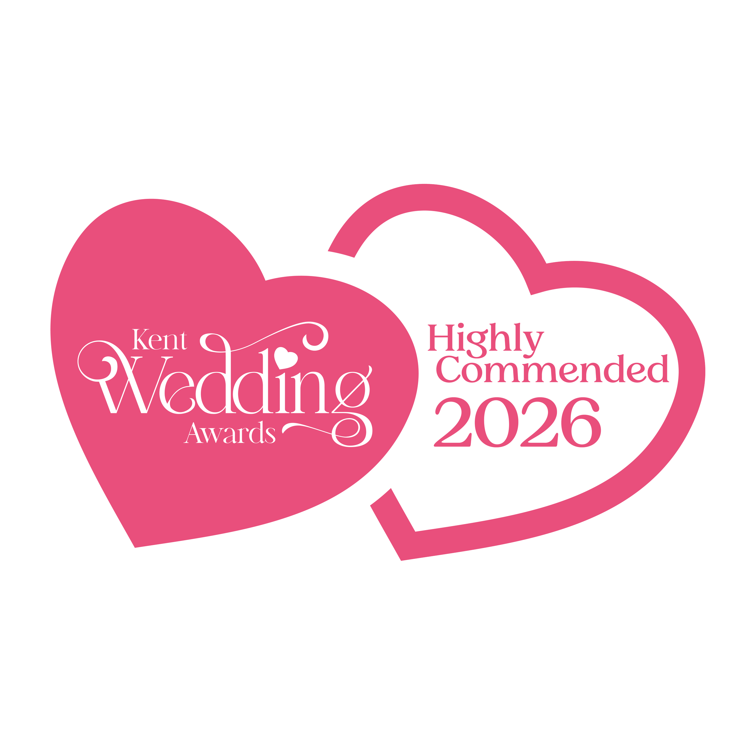 A logo featuring two overlapping hearts, one pink and one white, with text indicating the Kent Wedding Awards 2026 highly commended.
