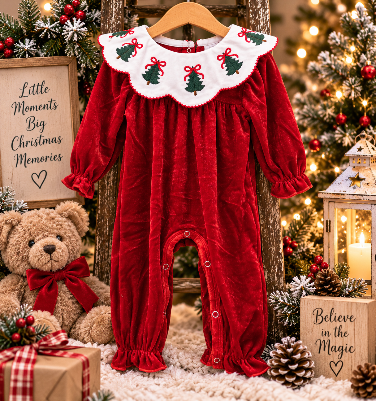 Velvet Embroidered Christmas Romper