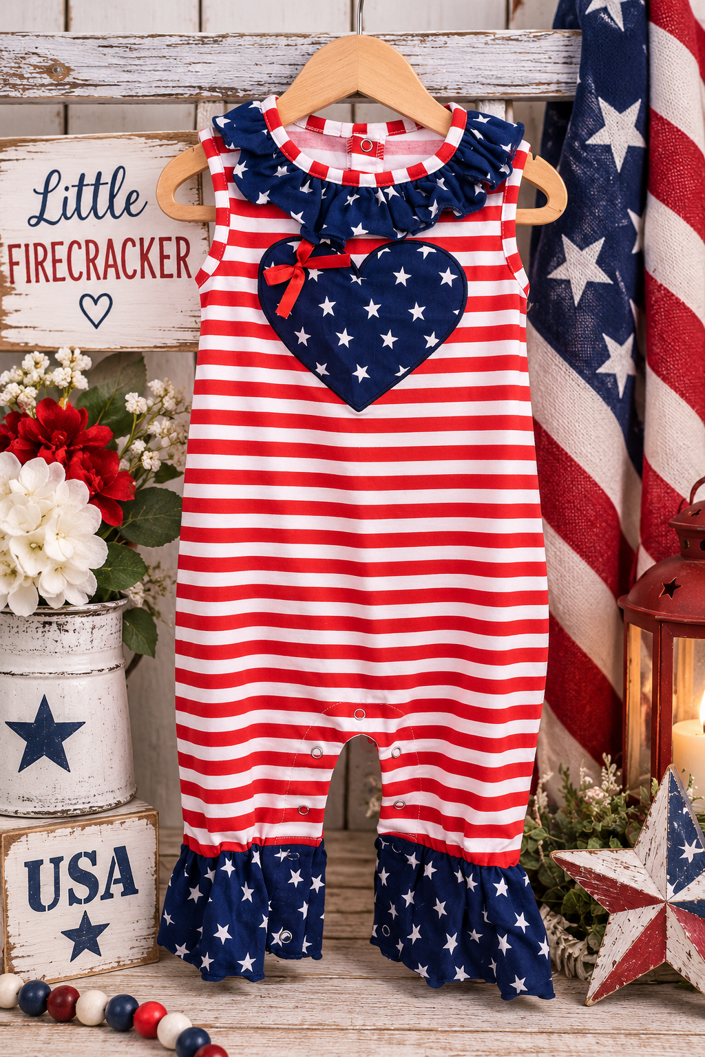 Heart Patriotic Ruffled Romper