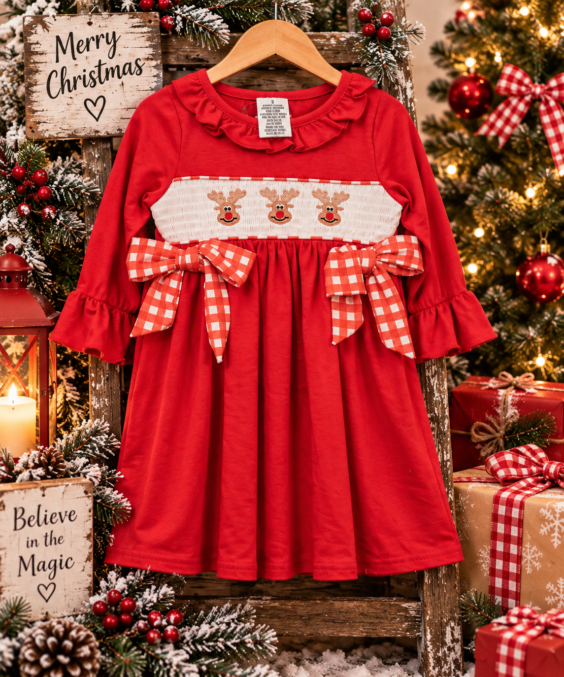 Christmas Red Bow Smocked Dress