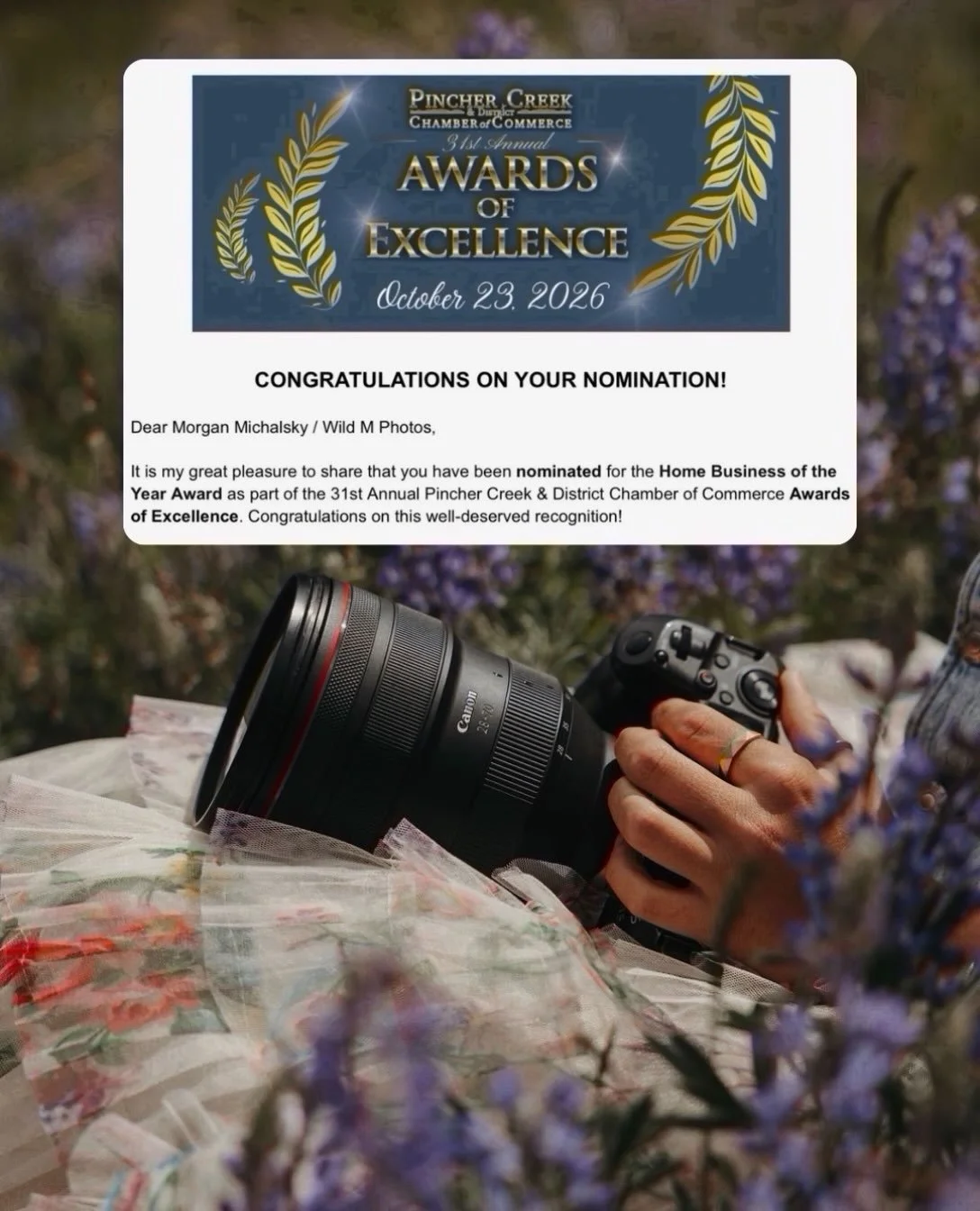 So honoured to be nominated for Home Business of the Year for the FOURTH year in a row. 🤎

I&rsquo;m sad to be missing the event this year, I will be heading off to photograph wedding #23 of the year &mdash; and my final wedding of 2026! 📸

Feeling
