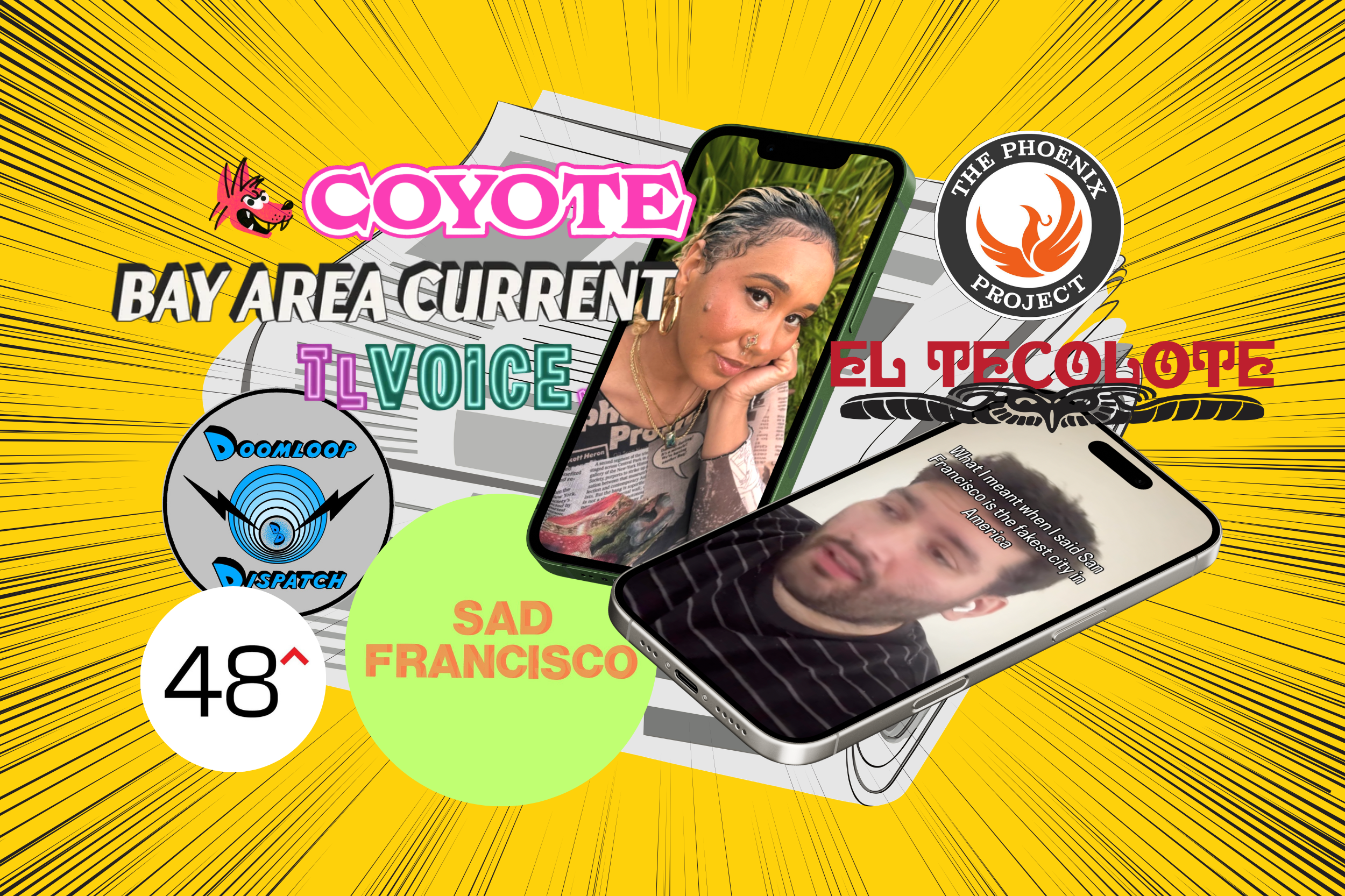 Composite image of independent media mastheads, logos and smartphones with the images of influencers on them.