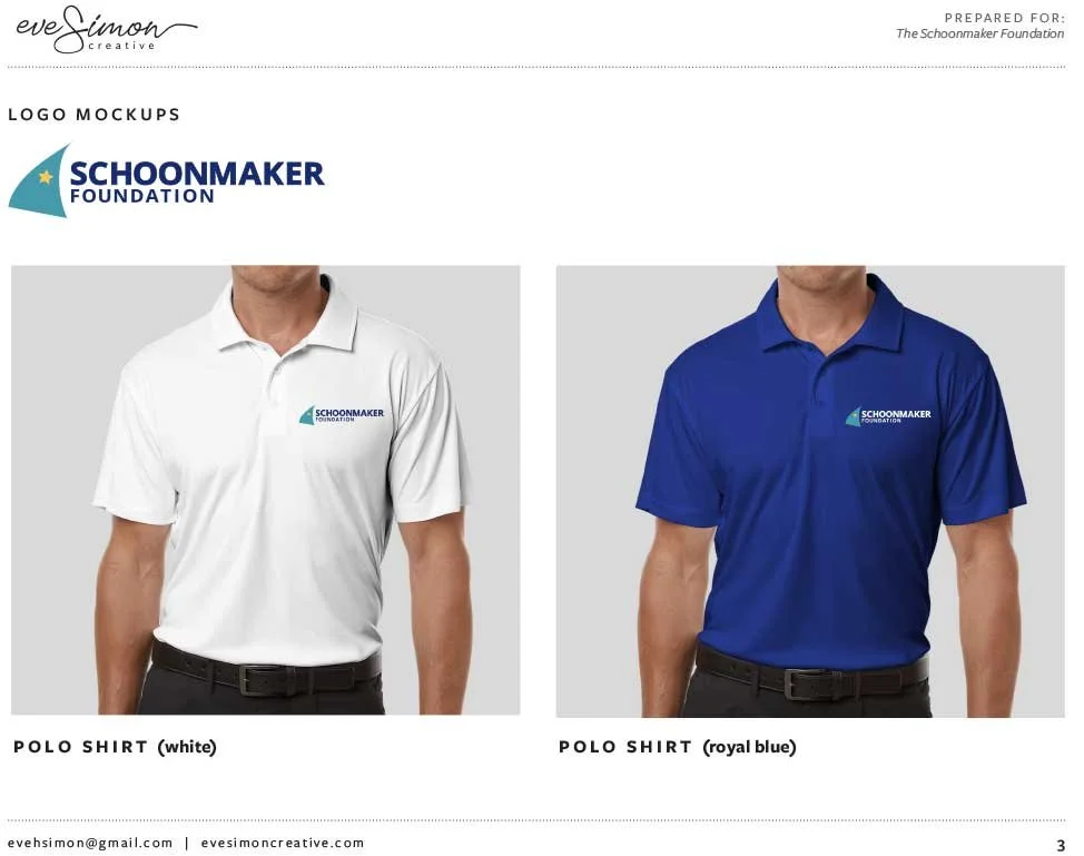 Mockup of two polo shirts with a small logo on the left chest, one white and one royal blue, displayed on men against a light gray background.