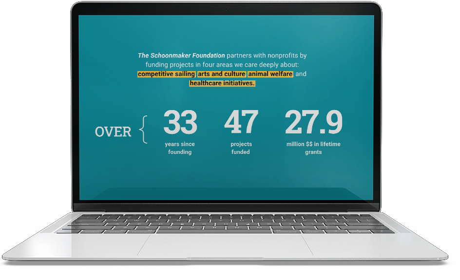 Laptop screen displaying information about The Schoonmaker Foundation, including 33 years since founding, 47 projects funded, and $27.9 million in lifetime grants, with highlighted text regarding priorities in arts, culture, animal welfare, and healthcare initiatives.